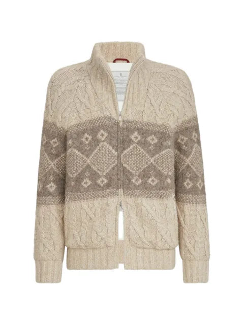 Brunello Cucinelli virgin wool, silk and cashmere cable knit down jacket with intarsia
