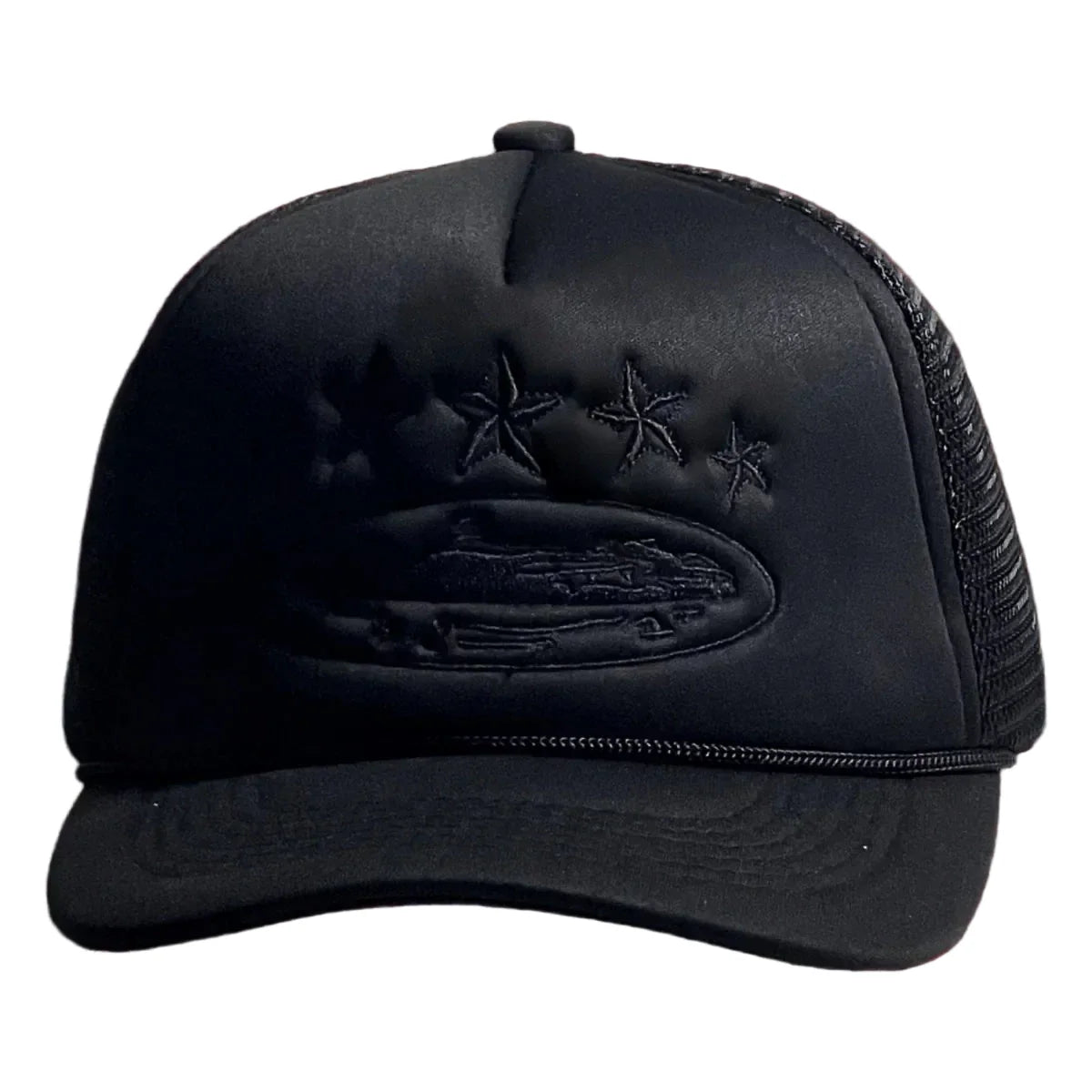All-Black Vintage Trucker Hat with Tonal Stars and Cruise Ship Graphic